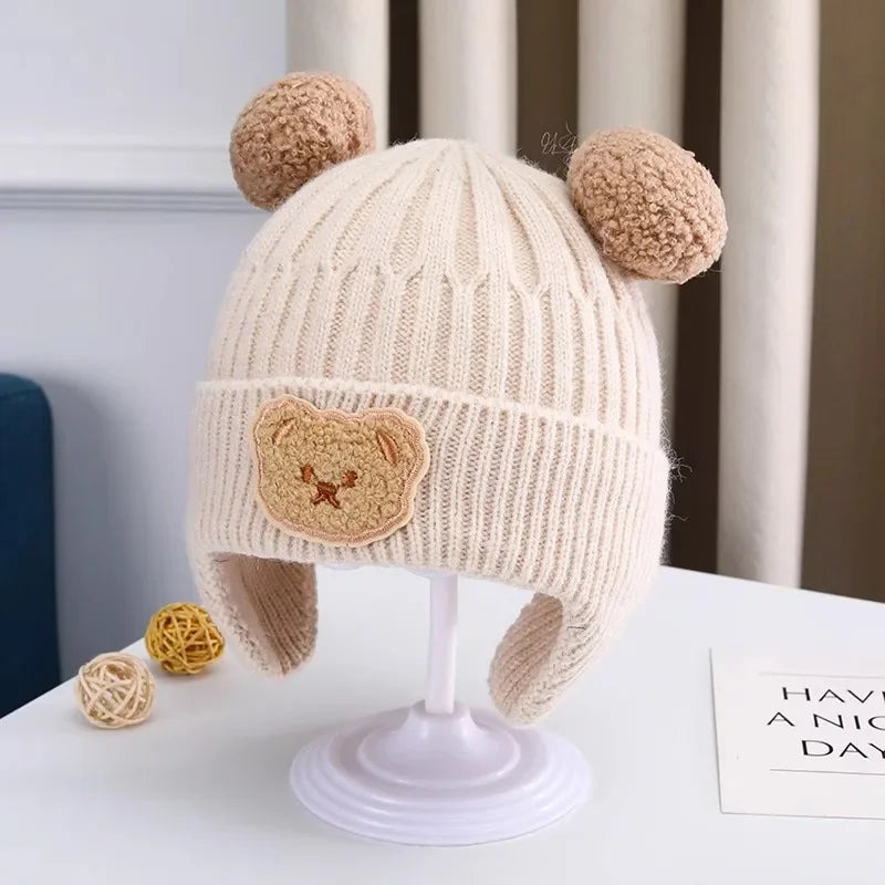 “Tiny2Toddler Cozy Knitted Baby Hat with Bear Ears – Thick, Warm Winter Beanie with Ear Protection (Korean Style)