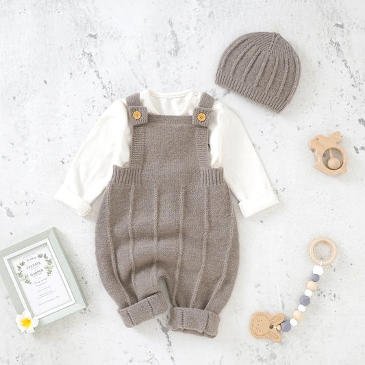 “Tiny2Toddler Sleeveless Knitted Baby Romper with Matching Hat – Neutral Strap Jumpsuit Outfit for Newborns, Infants & Toddlers”