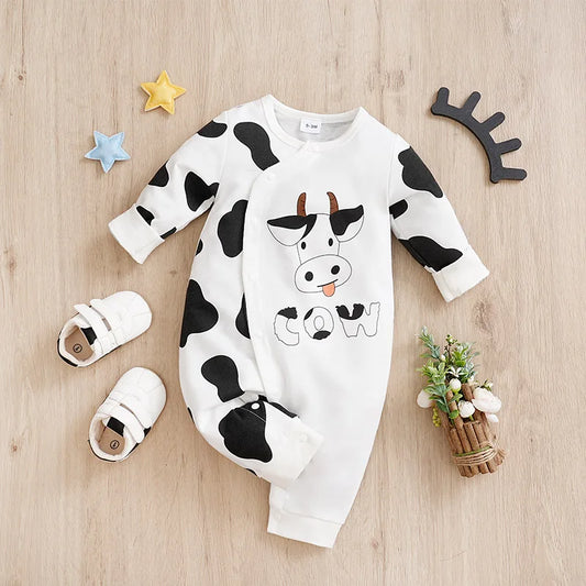“Adorable Long-Sleeve Cow Print Baby Jumpsuit – Cozy, Stylish & Perfect for Spring and Autumn Play”