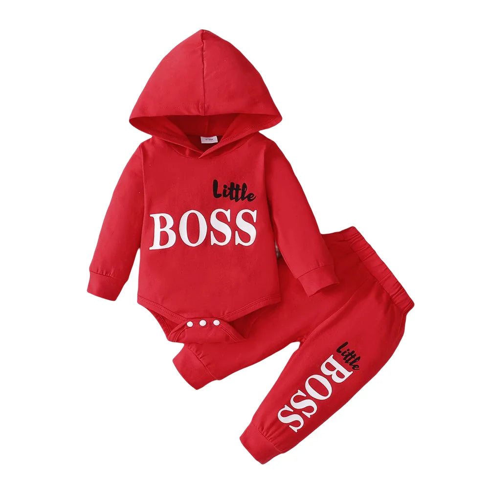 3-24 Months Little Boss Swag Set - Long Sleeve Hooded Sweater with "Little Boss" Print + Matching Sweatpants, Spring & Fall Sports Vibe, Fresh 2-Piece Toddler Boy Fit