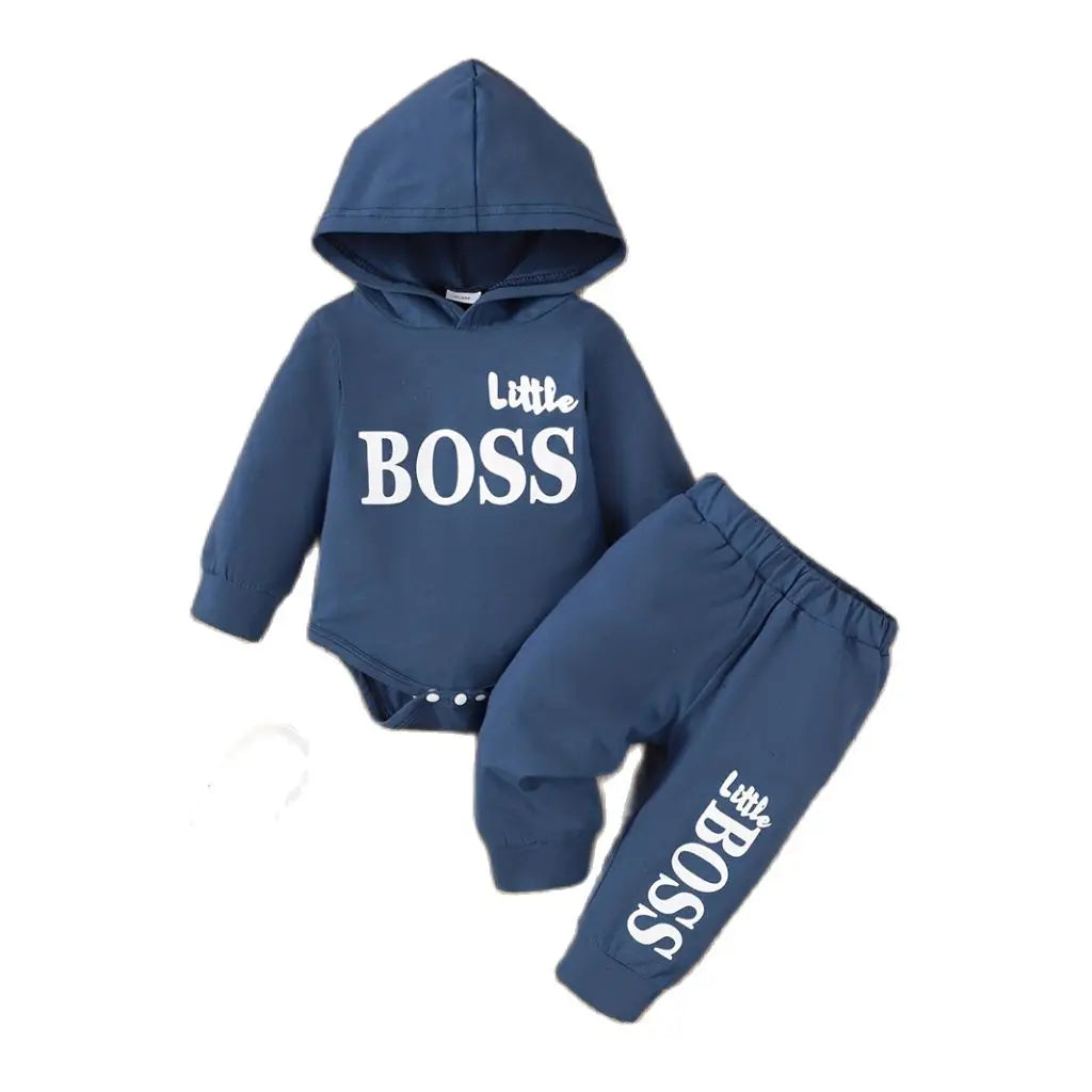 3-24 Months Little Boss Swag Set - Long Sleeve Hooded Sweater with "Little Boss" Print + Matching Sweatpants, Spring & Fall Sports Vibe, Fresh 2-Piece Toddler Boy Fit