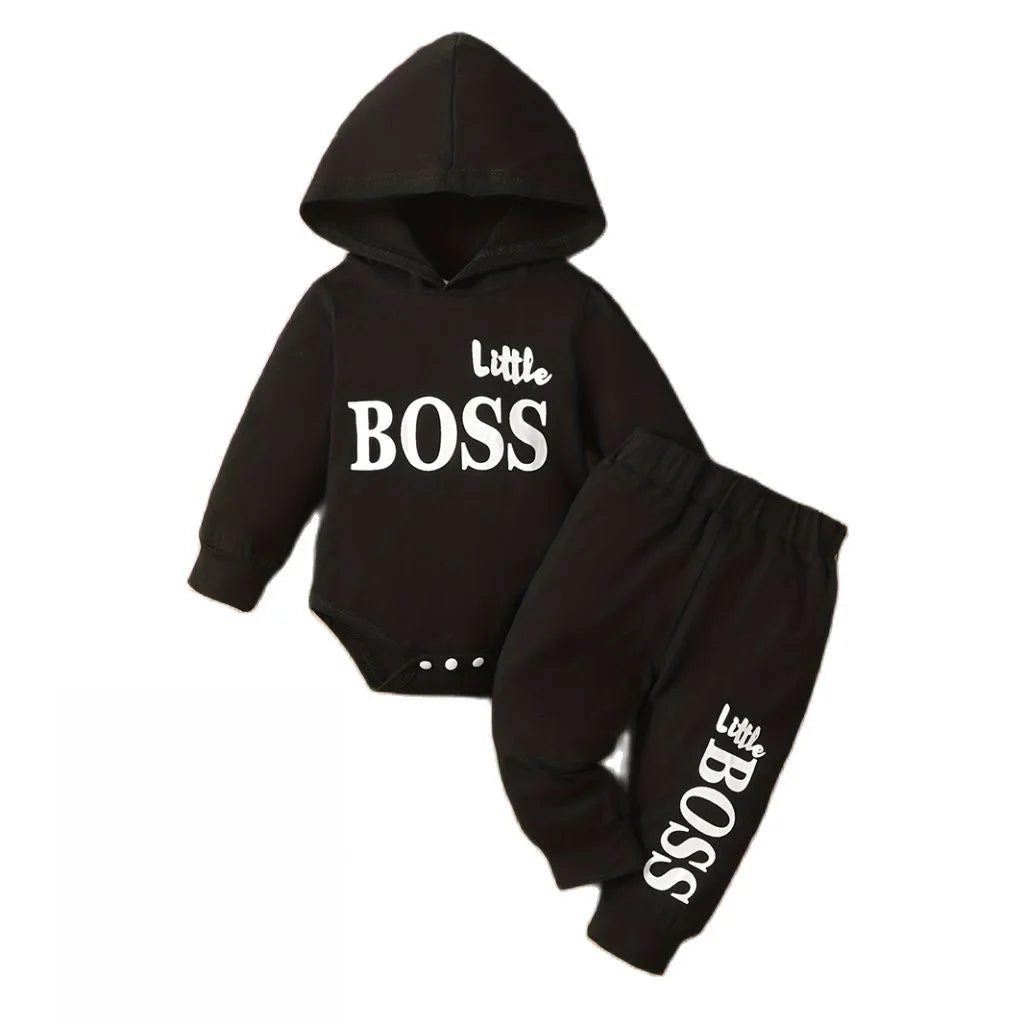3-24 Months Little Boss Swag Set - Long Sleeve Hooded Sweater with "Little Boss" Print + Matching Sweatpants, Spring & Fall Sports Vibe, Fresh 2-Piece Toddler Boy Fit