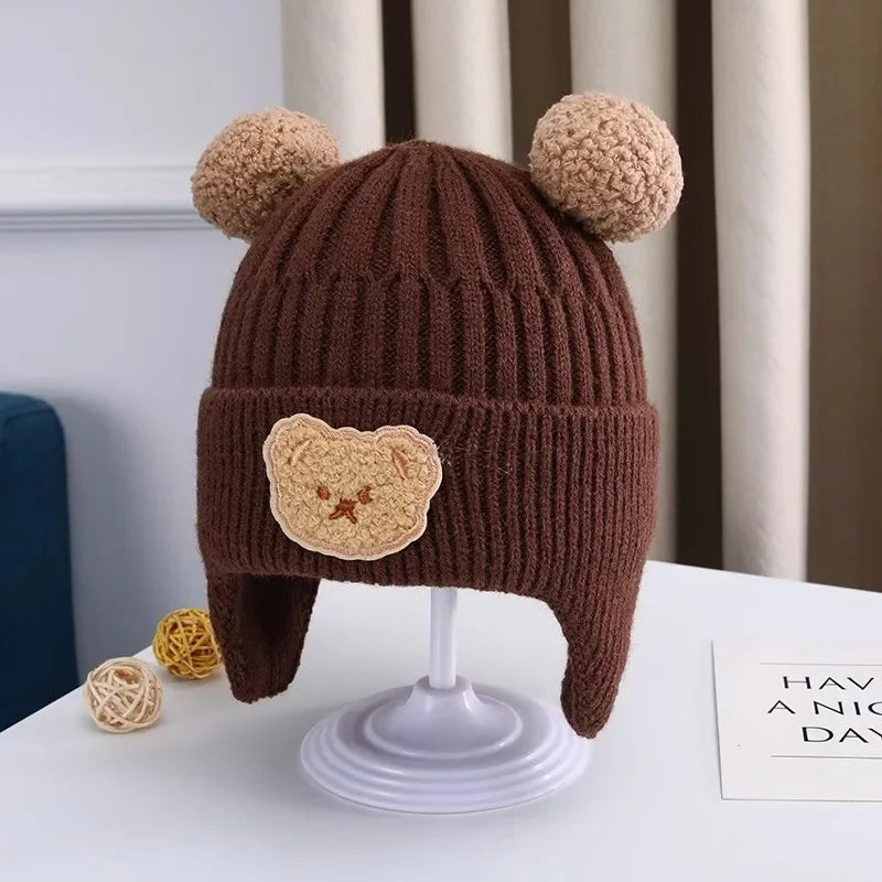 “Tiny2Toddler Cozy Knitted Baby Hat with Bear Ears – Thick, Warm Winter Beanie with Ear Protection (Korean Style)