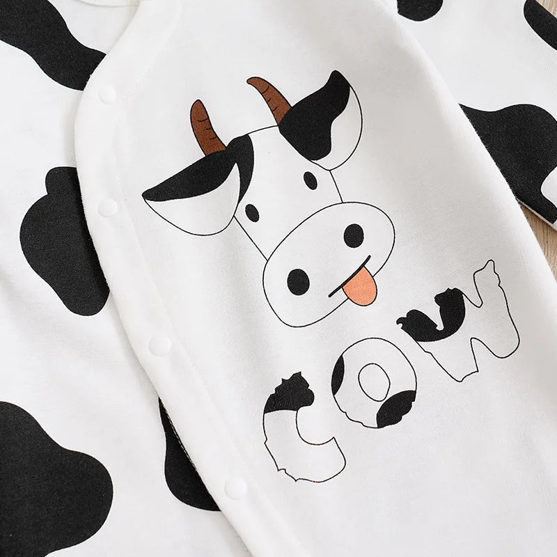 “Adorable Long-Sleeve Cow Print Baby Jumpsuit – Cozy, Stylish & Perfect for Spring and Autumn Play”