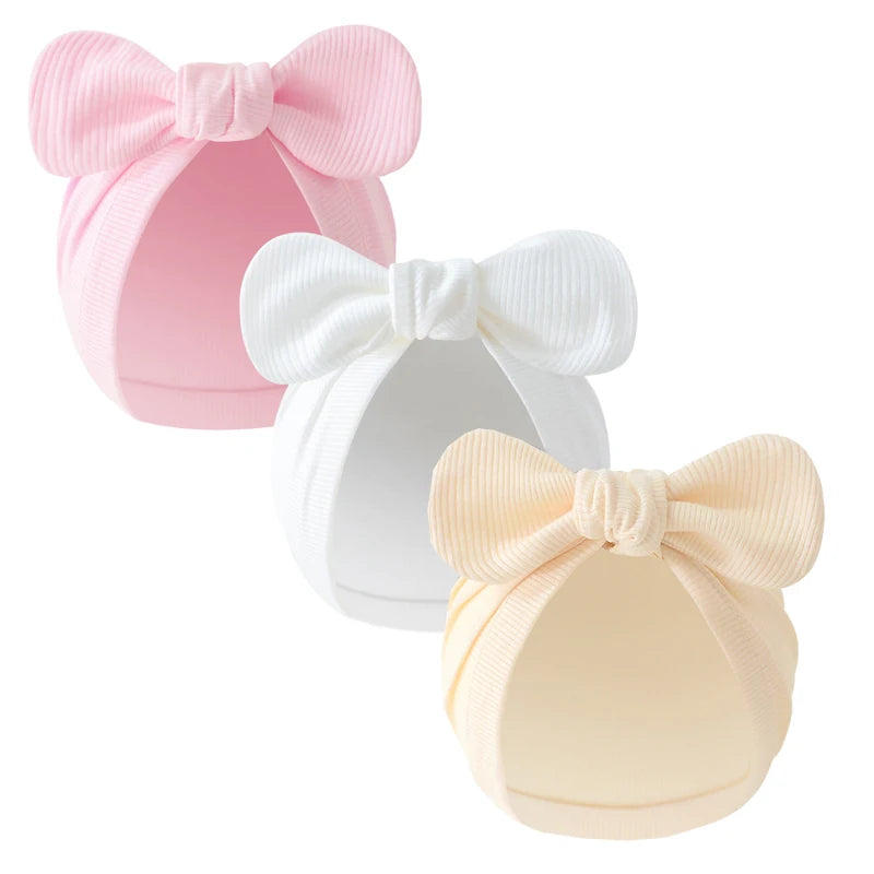 3-Piece Cotton Newborn Cap Set | Infant Turban, Bow Beanie, & Bonnet for Boys & Girls (0-18M)