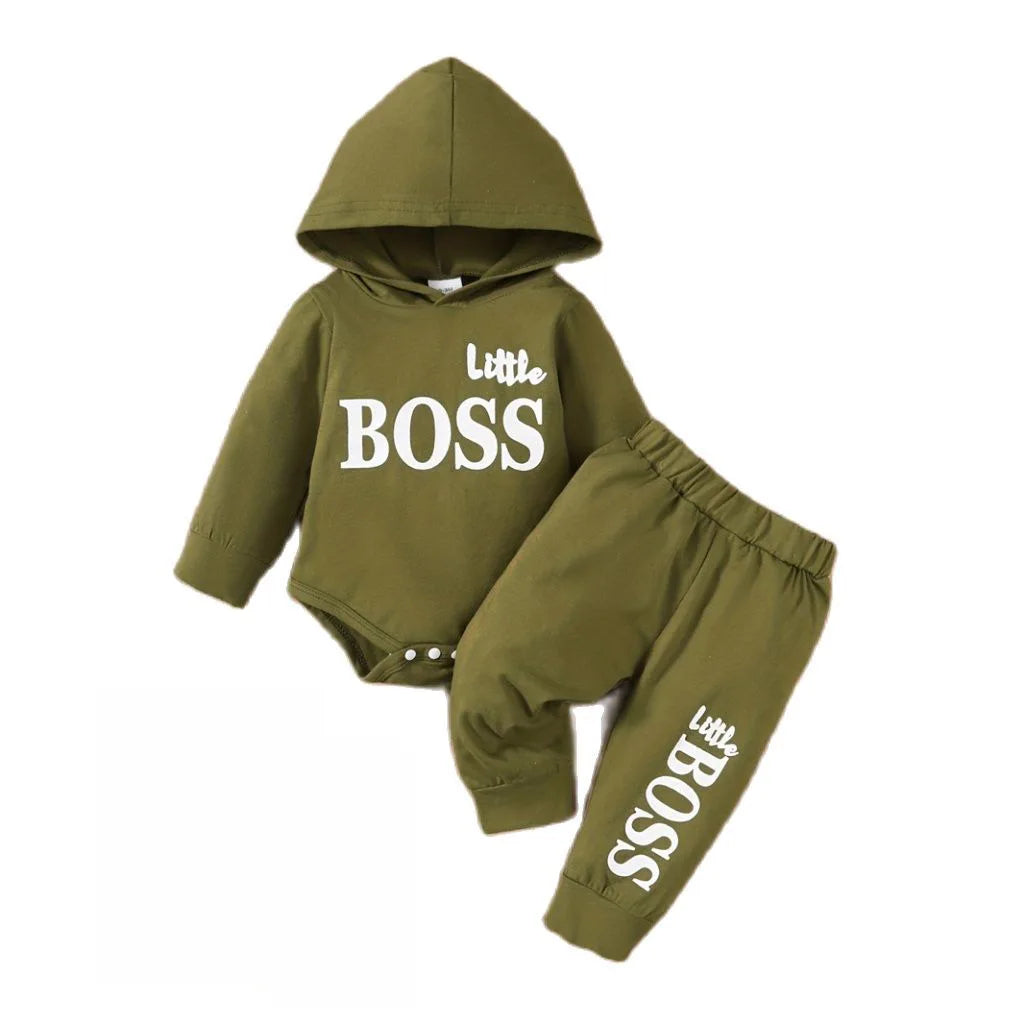 3-24 Months Little Boss Swag Set - Long Sleeve Hooded Sweater with "Little Boss" Print + Matching Sweatpants, Spring & Fall Sports Vibe, Fresh 2-Piece Toddler Boy Fit