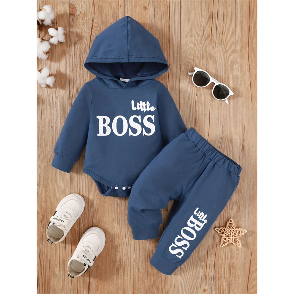 3-24 Months Little Boss Swag Set - Long Sleeve Hooded Sweater with "Little Boss" Print + Matching Sweatpants, Spring & Fall Sports Vibe, Fresh 2-Piece Toddler Boy Fit