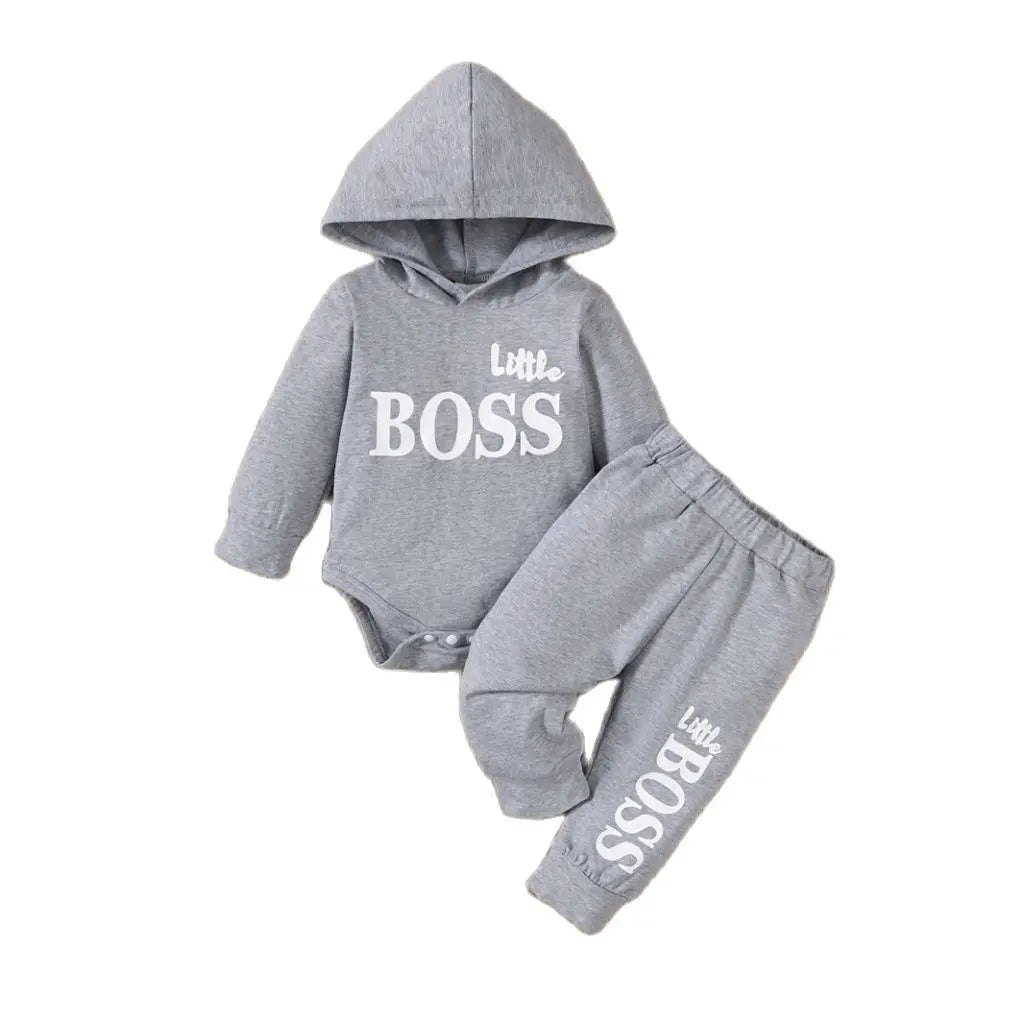 3-24 Months Little Boss Swag Set - Long Sleeve Hooded Sweater with "Little Boss" Print + Matching Sweatpants, Spring & Fall Sports Vibe, Fresh 2-Piece Toddler Boy Fit