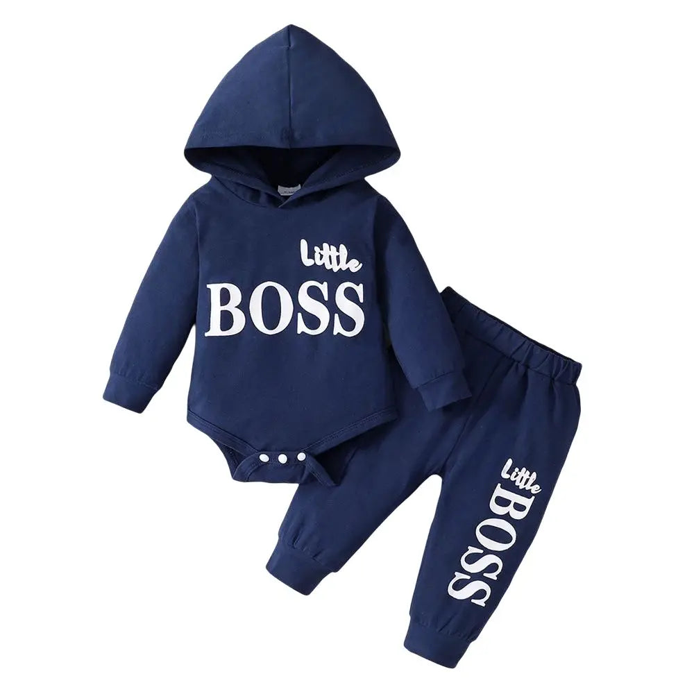 3-24 Months Little Boss Swag Set - Long Sleeve Hooded Sweater with "Little Boss" Print + Matching Sweatpants, Spring & Fall Sports Vibe, Fresh 2-Piece Toddler Boy Fit