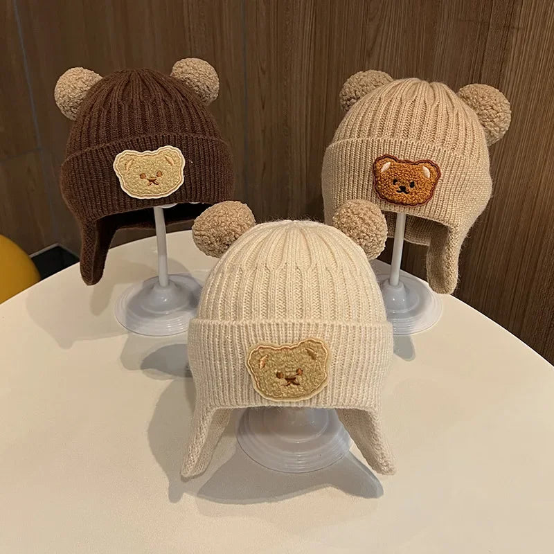 “Tiny2Toddler Cozy Knitted Baby Hat with Bear Ears – Thick, Warm Winter Beanie with Ear Protection (Korean Style)