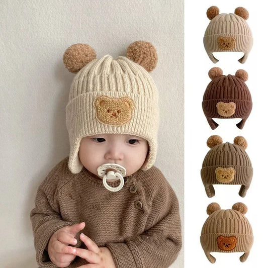 “Tiny2Toddler Cozy Knitted Baby Hat with Bear Ears – Thick, Warm Winter Beanie with Ear Protection (Korean Style)