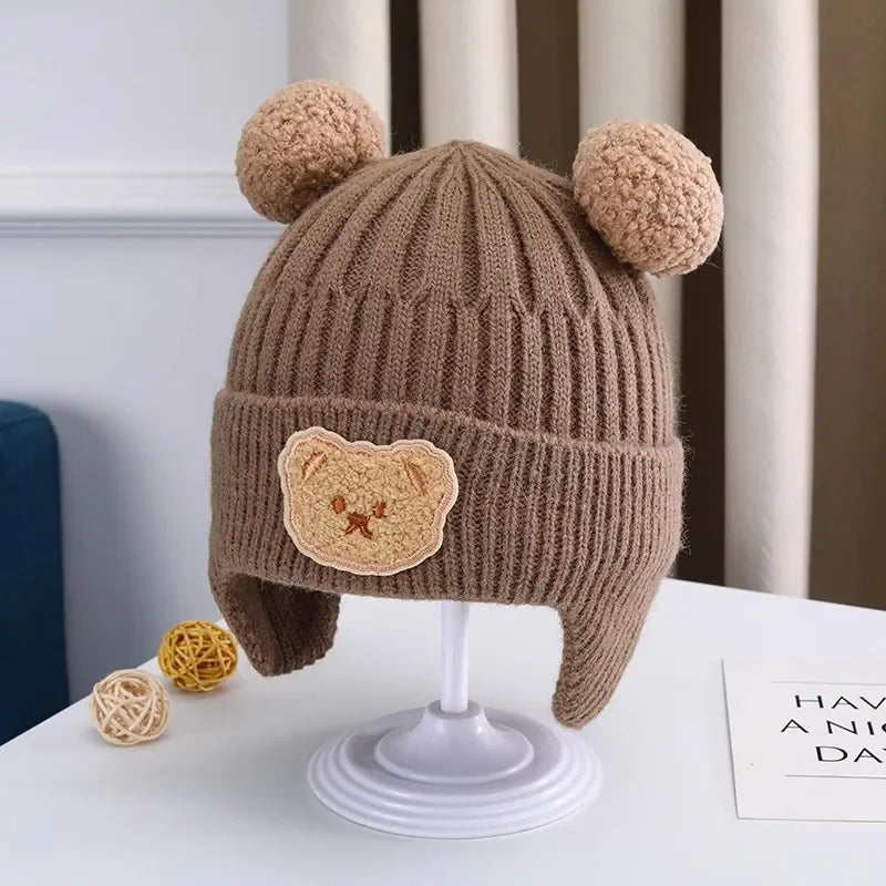 “Tiny2Toddler Cozy Knitted Baby Hat with Bear Ears – Thick, Warm Winter Beanie with Ear Protection (Korean Style)