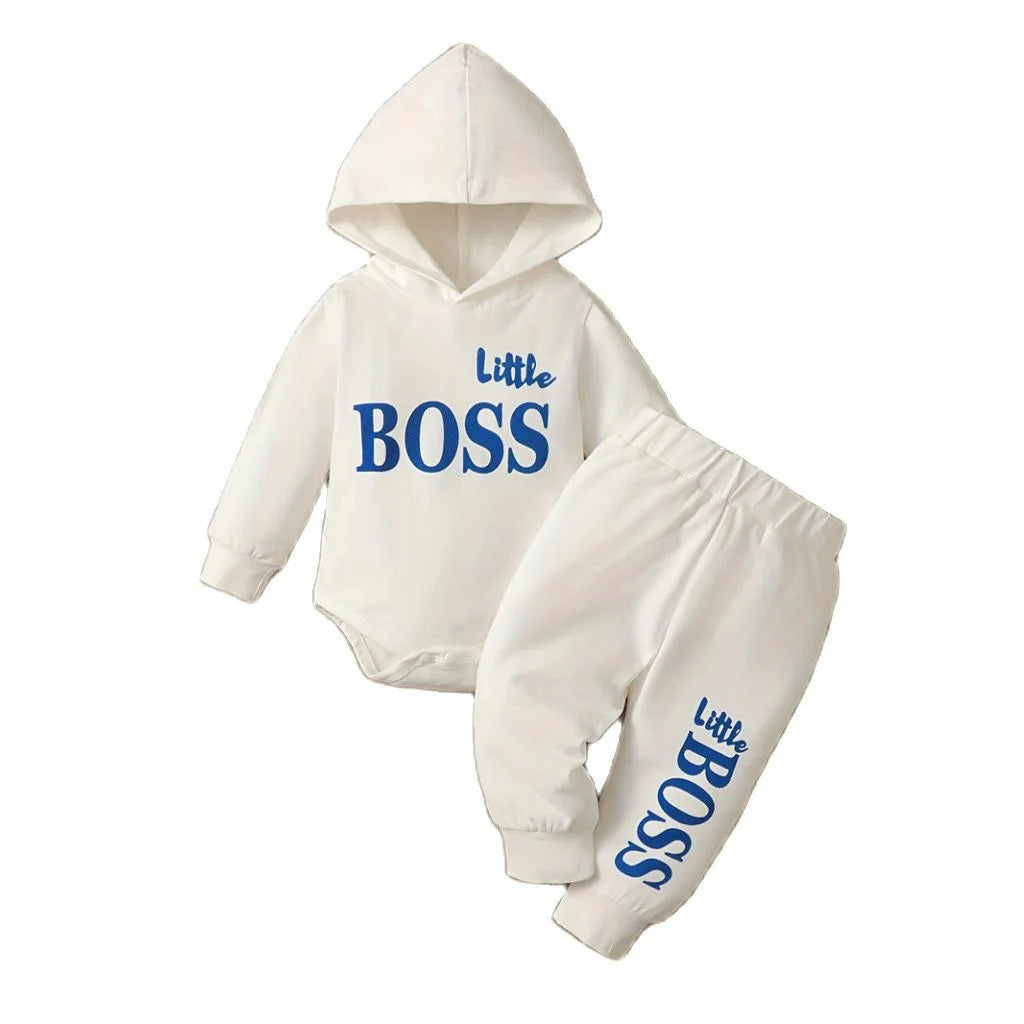 3-24 Months Little Boss Swag Set - Long Sleeve Hooded Sweater with "Little Boss" Print + Matching Sweatpants, Spring & Fall Sports Vibe, Fresh 2-Piece Toddler Boy Fit
