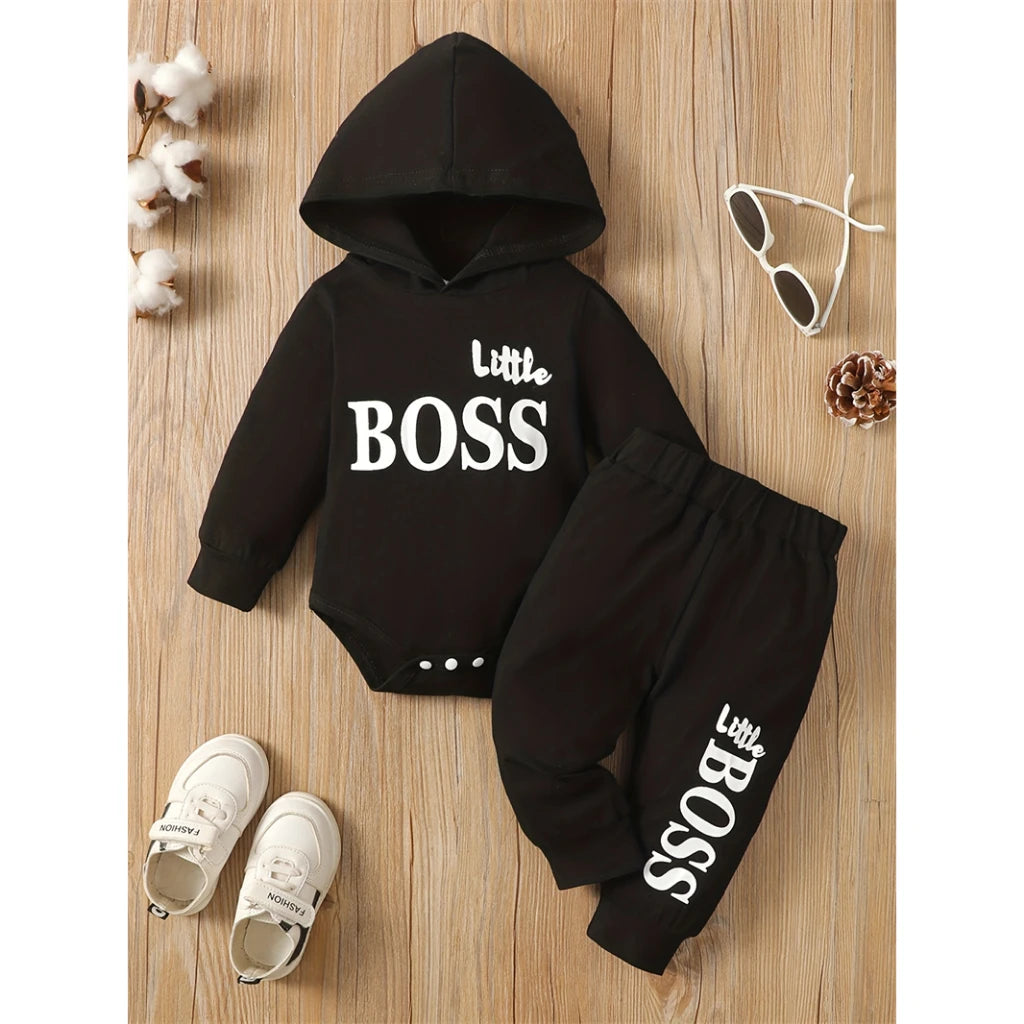 3-24 Months Little Boss Swag Set - Long Sleeve Hooded Sweater with "Little Boss" Print + Matching Sweatpants, Spring & Fall Sports Vibe, Fresh 2-Piece Toddler Boy Fit