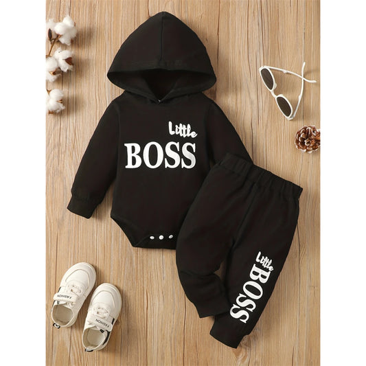 3-24 Months Little Boss Swag Set - Long Sleeve Hooded Sweater with "Little Boss" Print + Matching Sweatpants, Spring & Fall Sports Vibe, Fresh 2-Piece Toddler Boy Fit