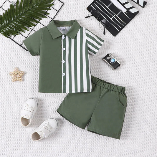 Charming 2-Piece Summer Set for Baby Boys – Short-Sleeve Spliced Shirt & Matching Shorts for Cool, Comfy, and Stylish Warm-Weather Wear