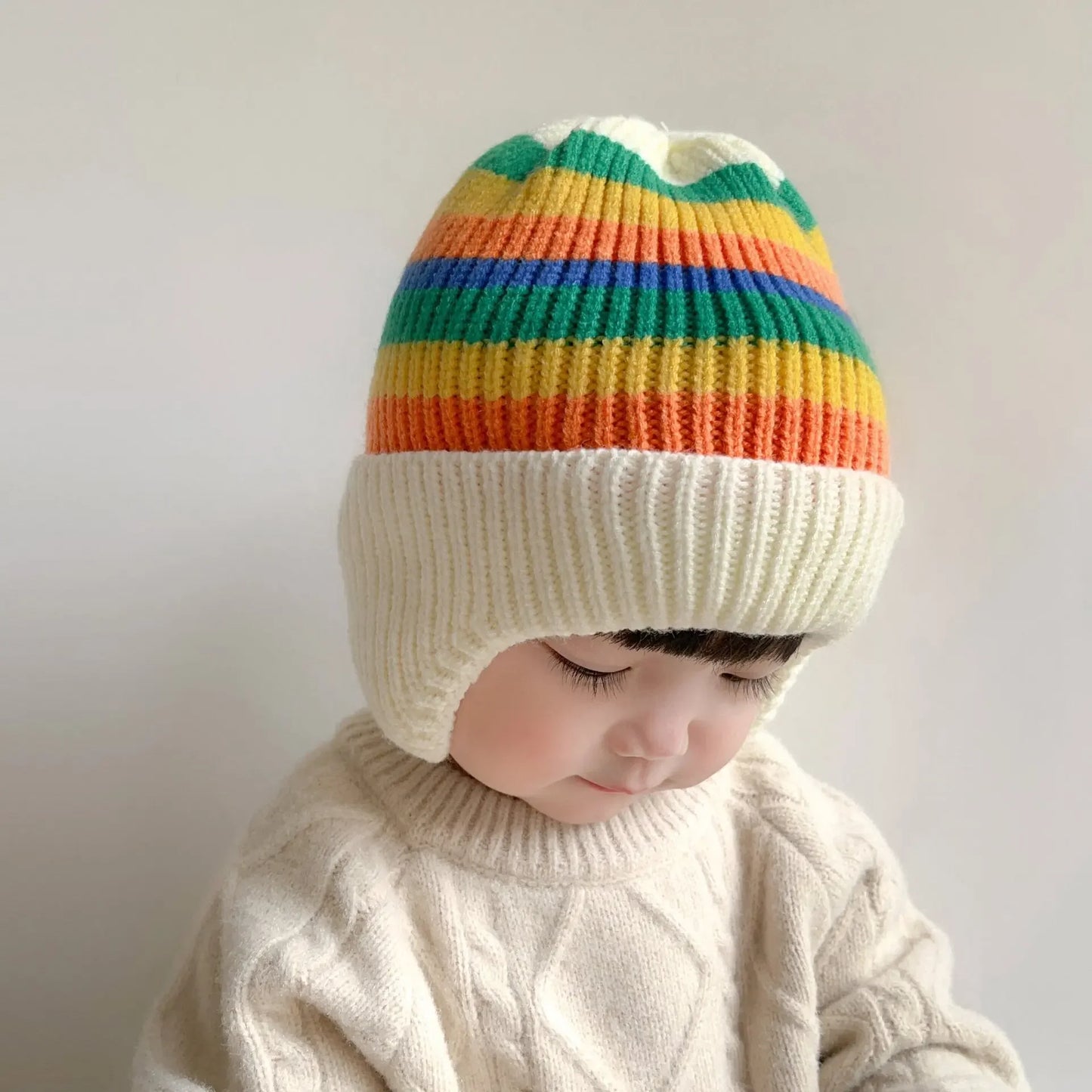 “Tiny2Toddler Cozy Knitted Baby Hat with Bear Ears – Thick, Warm Winter Beanie with Ear Protection (Korean Style)