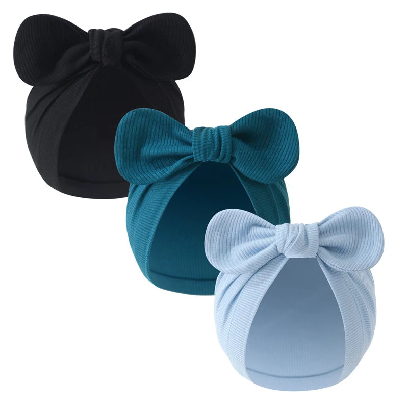 3-Piece Cotton Newborn Cap Set | Infant Turban, Bow Beanie, & Bonnet for Boys & Girls (0-18M)