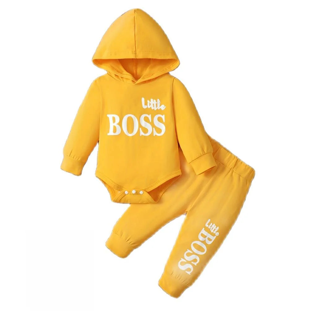 3-24 Months Little Boss Swag Set - Long Sleeve Hooded Sweater with "Little Boss" Print + Matching Sweatpants, Spring & Fall Sports Vibe, Fresh 2-Piece Toddler Boy Fit