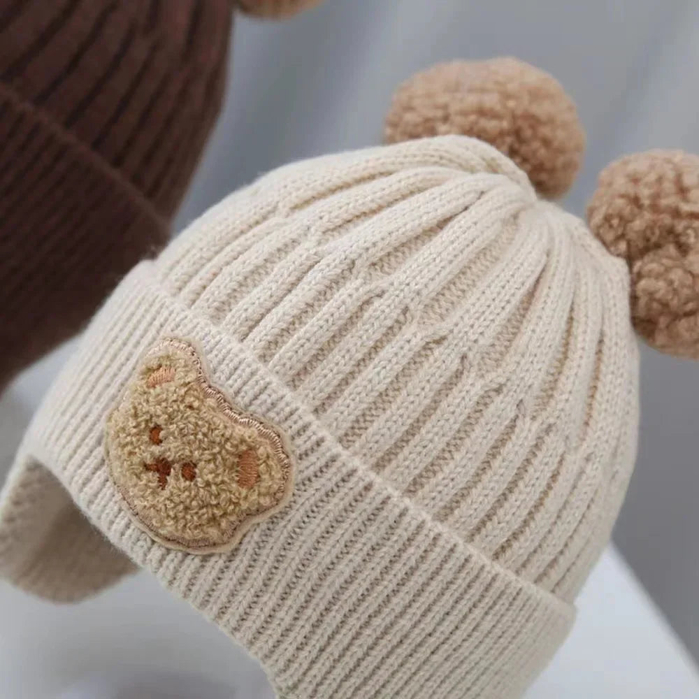 “Tiny2Toddler Cozy Knitted Baby Hat with Bear Ears – Thick, Warm Winter Beanie with Ear Protection (Korean Style)