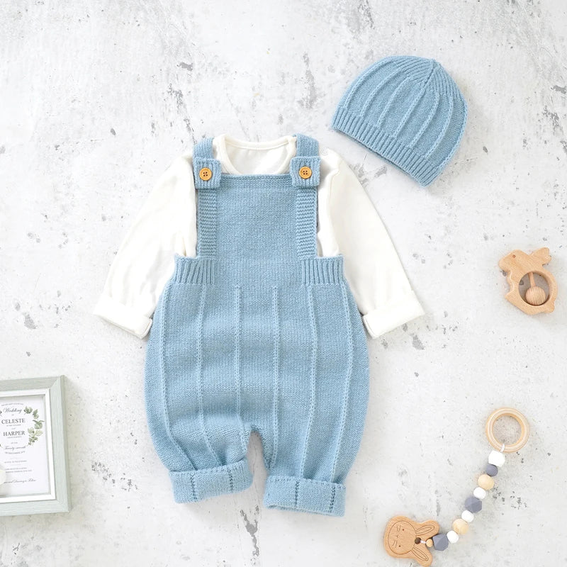 “Tiny2Toddler Sleeveless Knitted Baby Romper with Matching Hat – Neutral Strap Jumpsuit Outfit for Newborns, Infants & Toddlers”