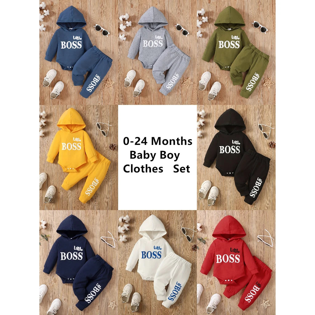 3-24 Months Little Boss Swag Set - Long Sleeve Hooded Sweater with "Little Boss" Print + Matching Sweatpants, Spring & Fall Sports Vibe, Fresh 2-Piece Toddler Boy Fit