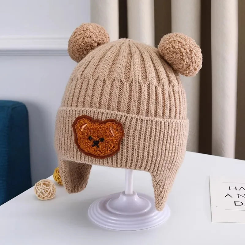 “Tiny2Toddler Cozy Knitted Baby Hat with Bear Ears – Thick, Warm Winter Beanie with Ear Protection (Korean Style)
