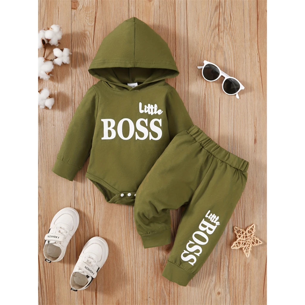 3-24 Months Little Boss Swag Set - Long Sleeve Hooded Sweater with "Little Boss" Print + Matching Sweatpants, Spring & Fall Sports Vibe, Fresh 2-Piece Toddler Boy Fit