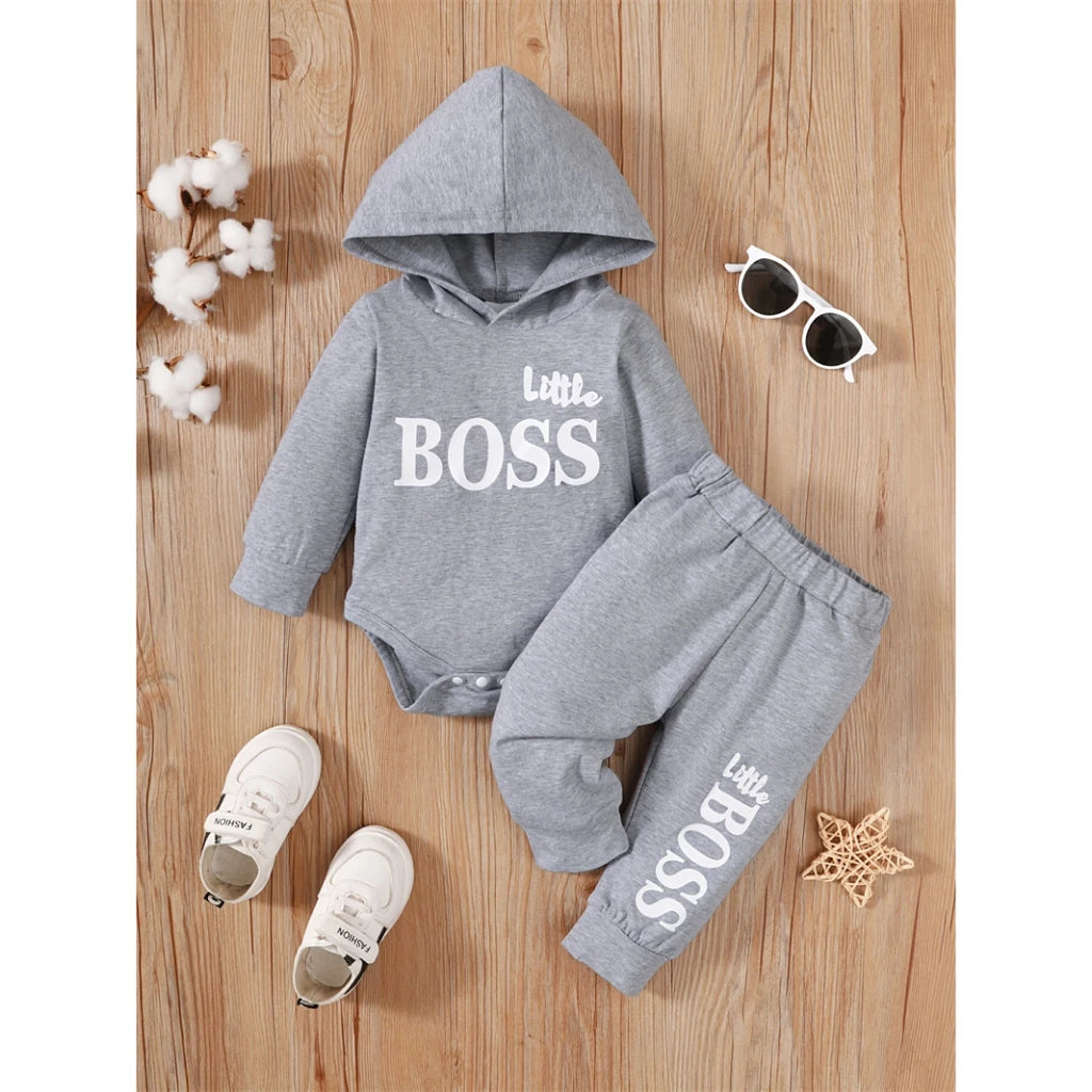 3-24 Months Little Boss Swag Set - Long Sleeve Hooded Sweater with "Little Boss" Print + Matching Sweatpants, Spring & Fall Sports Vibe, Fresh 2-Piece Toddler Boy Fit