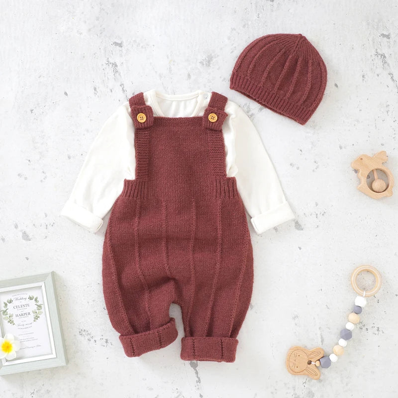 “Tiny2Toddler Sleeveless Knitted Baby Romper with Matching Hat – Neutral Strap Jumpsuit Outfit for Newborns, Infants & Toddlers”