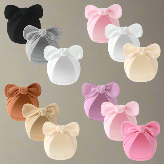 3-Piece Cotton Newborn Cap Set | Infant Turban, Bow Beanie, & Bonnet for Boys & Girls (0-18M)