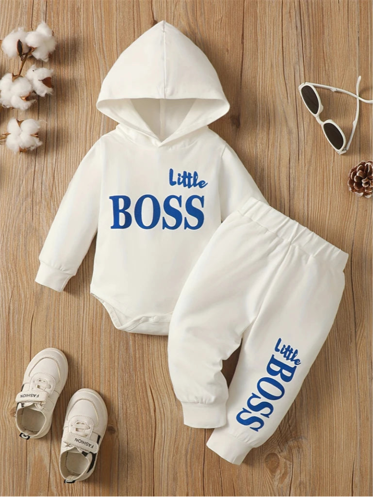 3-24 Months Little Boss Swag Set - Long Sleeve Hooded Sweater with "Little Boss" Print + Matching Sweatpants, Spring & Fall Sports Vibe, Fresh 2-Piece Toddler Boy Fit